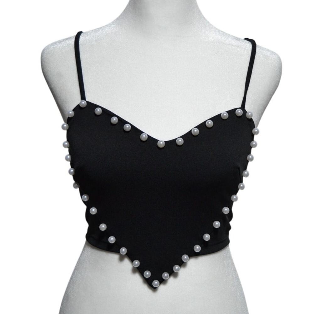Shein Icon Pearl Trim Heart Asymmetrical Hem Camisole Top Black & White Size XS